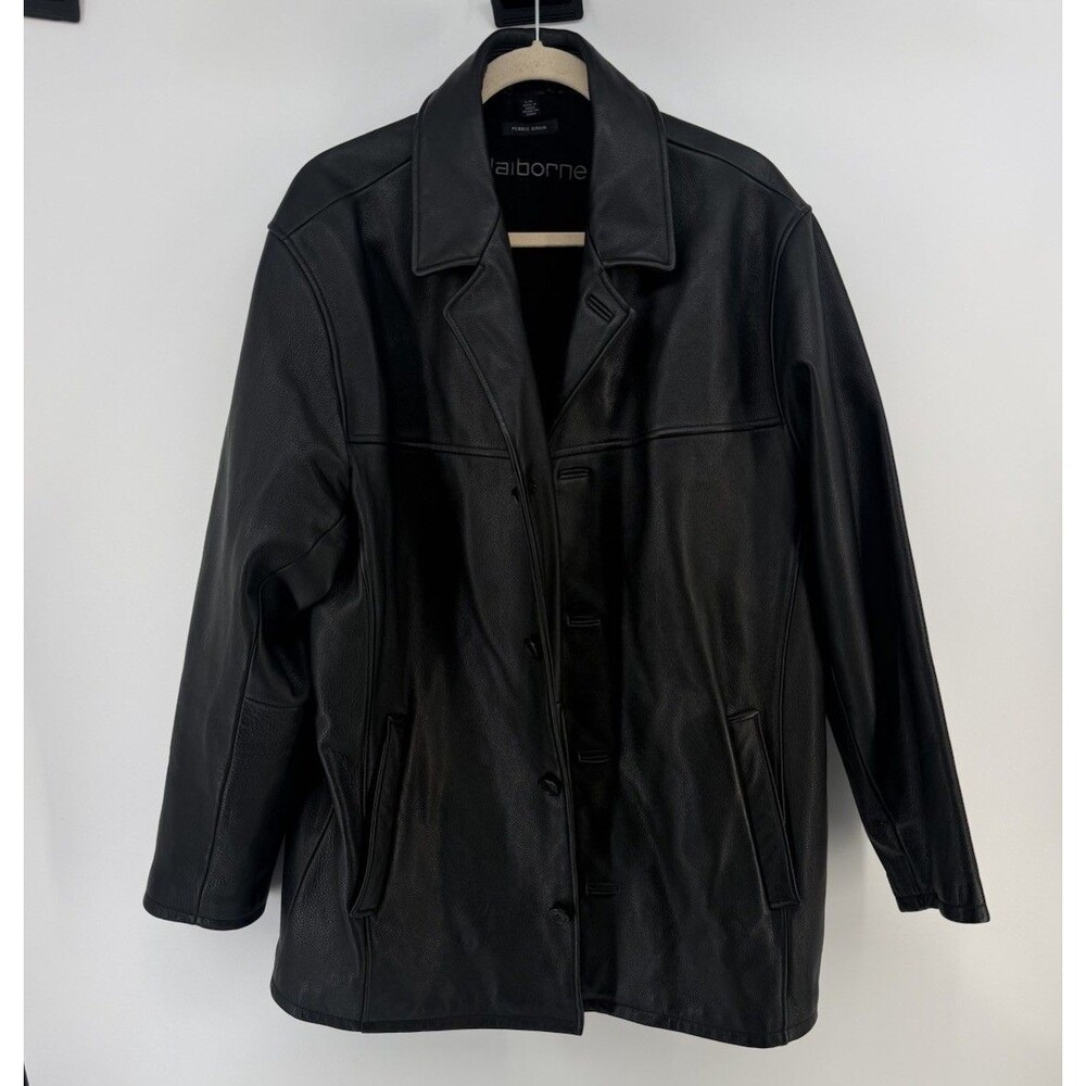 Claiborne Leather Jacket Coat Black Pebble Grain  Full-Zip Men's Large Coat